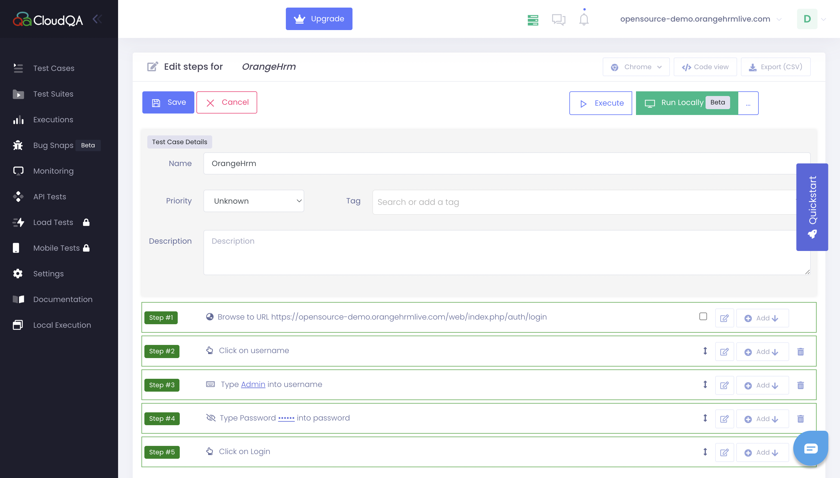 The Run Locally button on the test case edit page